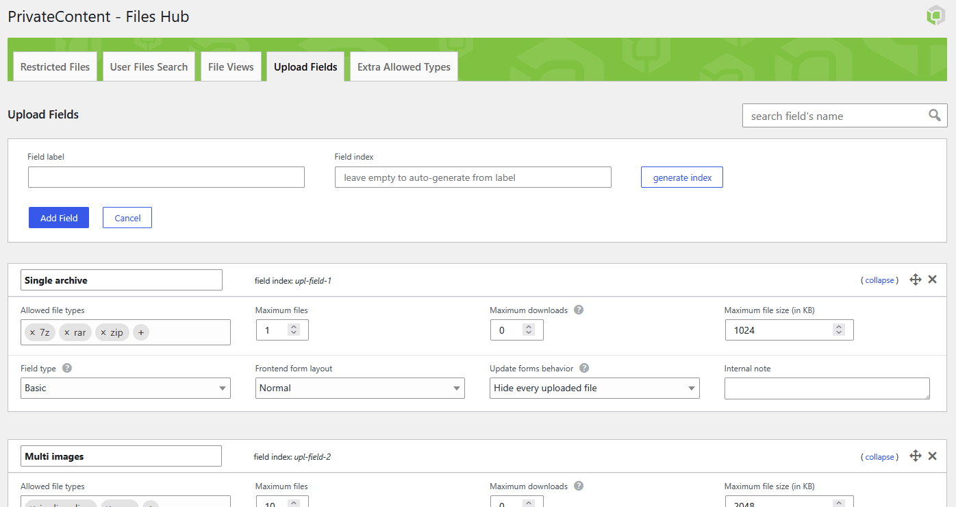 PrivateContent Files Hub, Upload Fields tab, with a Client documents field, allowed file types and field type options