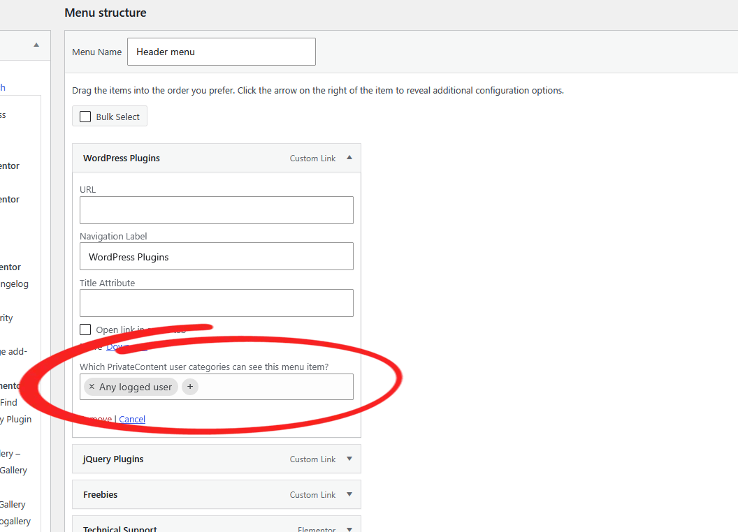 WordPress Appearance Menus screen with an expanded menu item and the PrivateContent visibility field
