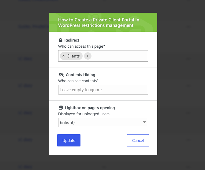 PrivateContent Restrictions Wizard in the page editor, Redirect restriction allowing only the Clients category