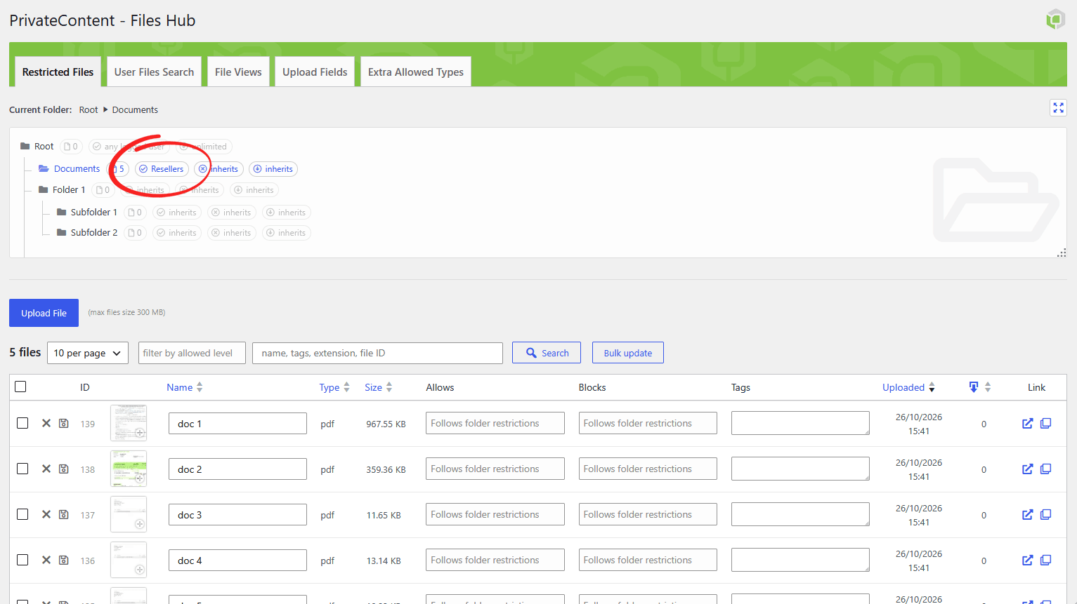 Restricted Files tab with a folder tree and the restrictions panel allowing only the Resellers user category
