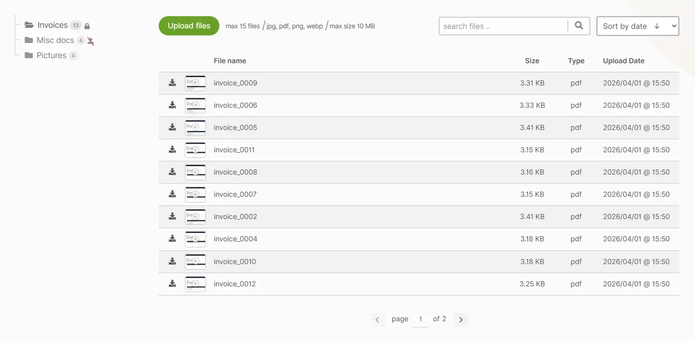 Frontend private file manager showing a logged-in client only their own files, organized in folders
