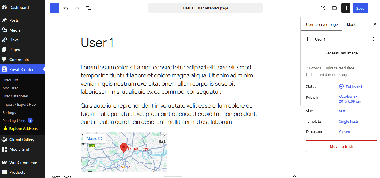 Editing one user's reserved page content in the PrivateContent admin