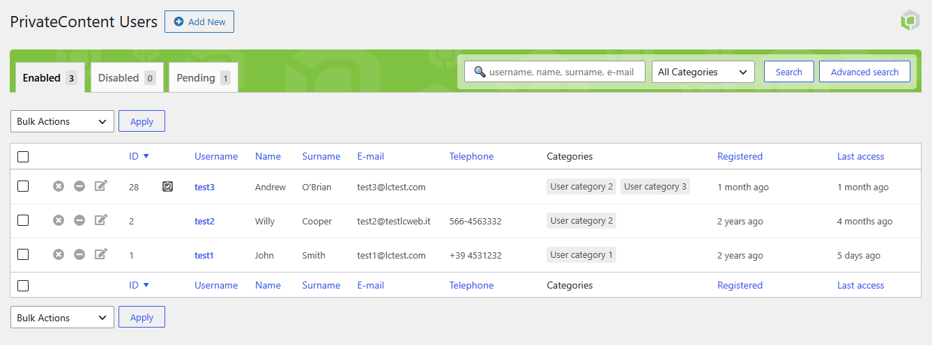 PrivateContent Users List with clients assigned to the Clients user category and their status